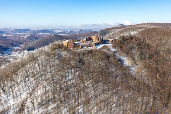 Aerial view of Winter aerial view in the snow of Madenburg in Eschbach in the state Rhineland-Palatinate, Germany