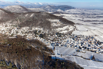 Winter aerial view in the snow in Leinsweiler in the state Rhineland-Palatinate, Germany