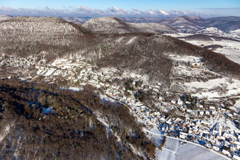 Aerial view of Winter aerial view in the snow in Leinsweiler in the state Rhineland-Palatinate, Germany