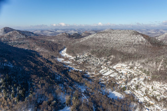 Winter aerial view in the snow of the Birnbachtal in Leinsweiler in the state Rhineland-Palatinate, Germany