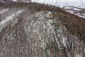 Winter aerial view in the snow of Neukastell Castle in Leinsweiler in the state Rhineland-Palatinate, Germany