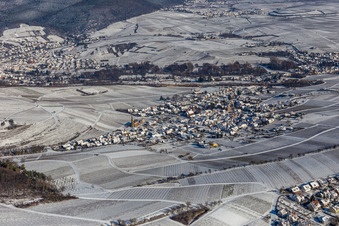 Winter aerial view in the snow in Birkweiler in the state Rhineland-Palatinate, Germany