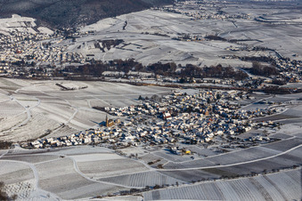 Aerial view of Winter aerial view in the snow in Birkweiler in the state Rhineland-Palatinate, Germany