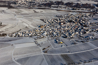 Aerial view of Winter aerial view in the snow in Birkweiler in the state Rhineland-Palatinate, Germany