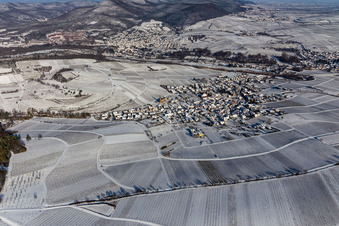 Aerial view of Winter aerial view in the snow in Birkweiler in the state Rhineland-Palatinate, Germany