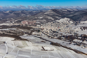 Winter aerial view in the snow in Albersweiler in the state Rhineland-Palatinate, Germany