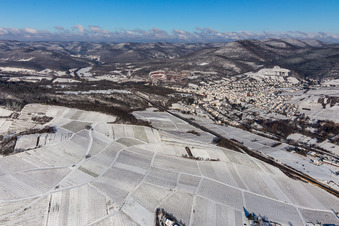 Aerial view of Winter aerial view in the snow in Albersweiler in the state Rhineland-Palatinate, Germany