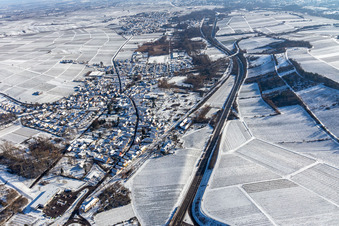 Winter aerial view in the snow in Siebeldingen in the state Rhineland-Palatinate, Germany