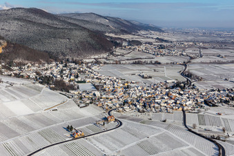 Winter aerial view in the snow in Frankweiler in the state Rhineland-Palatinate, Germany
