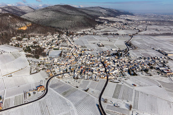 Aerial view of Winter aerial view in the snow in Frankweiler in the state Rhineland-Palatinate, Germany