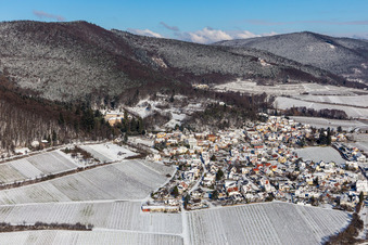 Winter aerial view in the snow in Gleisweiler in the state Rhineland-Palatinate, Germany