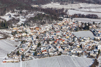 Aerial view of Winter aerial view in the snow in Gleisweiler in the state Rhineland-Palatinate, Germany
