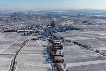Winter aerial view in the snow in Böchingen in the state Rhineland-Palatinate, Germany