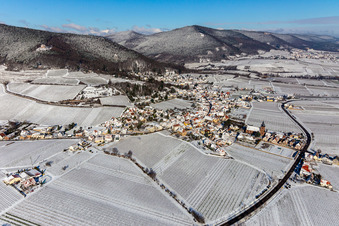 Aerial view of Winter aerial view in the snow in Burrweiler in the state Rhineland-Palatinate, Germany
