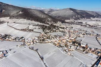 Aerial view of Winter aerial view in the snow in Burrweiler in the state Rhineland-Palatinate, Germany