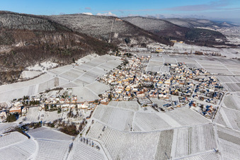 Winter aerial view in the snow in Weyher in der Pfalz in the state Rhineland-Palatinate, Germany