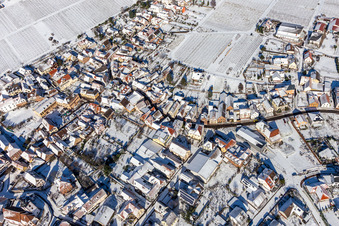 Aerial view of Winter aerial view in the snow in Weyher in der Pfalz in the state Rhineland-Palatinate, Germany
