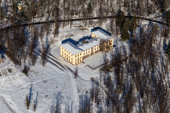 Aerial view of Wintry snowy palace Villa Ludwigshoehe in Edenkoben in the state Rhineland-Palatinate, Germany
