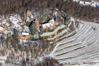 Aerial view of Winter aerial view in the snow of Kropsburg Castle in the district SaintMartin in Sankt Martin in the state Rhineland-Palatinate, Germany