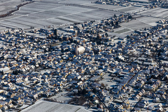 Aerial view of Winter aerial view in the snow in the district Alsterweiler in Maikammer in the state Rhineland-Palatinate, Germany