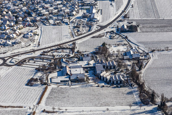 Winter aerial photograph in the snow of the BG RCI in the district Alsterweiler in Maikammer in the state Rhineland-Palatinate, Germany