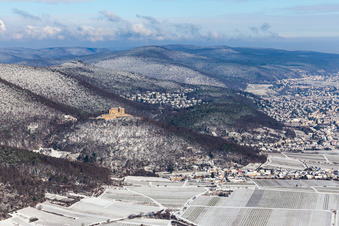 Winter aerial view in the snow of Hambach Castle in the district Diedesfeld in Neustadt an der Weinstraße in the state Rhineland-Palatinate, Germany