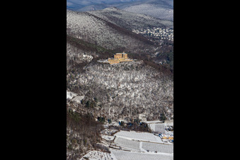 Aerial view of Winter aerial view in the snow of Hambach Castle in the district Diedesfeld in Neustadt an der Weinstraße in the state Rhineland-Palatinate, Germany