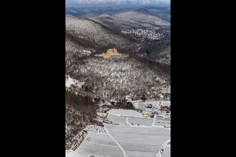 Aerial view of Winter aerial view in the snow of Hambach Castle in the district Diedesfeld in Neustadt an der Weinstraße in the state Rhineland-Palatinate, Germany