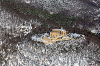 Aerial view of Winter aerial view in the snow of Hambach Castle in the district Diedesfeld in Neustadt an der Weinstraße in the state Rhineland-Palatinate, Germany