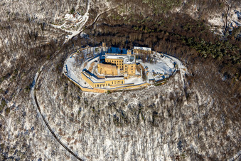 Aerial photograpy of Wintry snowy castle of " Hambacher Schloss " in Neustadt an der Weinstrasse in the state Rhineland-Palatinate, Germany