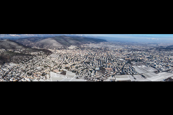 Panorama winter aerial view in the snow in Neustadt an der Weinstraße in the state Rhineland-Palatinate, Germany