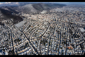Aerial view of Winter aerial view in the snow in Neustadt an der Weinstraße in the state Rhineland-Palatinate, Germany