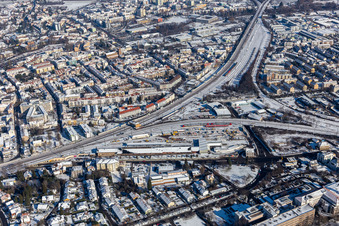 Winter aerial view in the snow of the Gleisdreieck in Neustadt an der Weinstraße in the state Rhineland-Palatinate, Germany