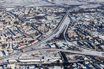 Aerial view of Winter aerial view in the snow of the Gleisdreieck in Neustadt an der Weinstraße in the state Rhineland-Palatinate, Germany