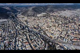 Aerial view of Winter aerial view in the snow in Neustadt an der Weinstraße in the state Rhineland-Palatinate, Germany