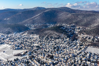 Aerial view of Winter aerial view in the snow in the district Hambach an der Weinstraße in Neustadt an der Weinstraße in the state Rhineland-Palatinate, Germany