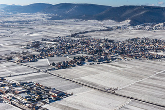 Aerial view of Winter aerial view in the snow in the district Alsterweiler in Maikammer in the state Rhineland-Palatinate, Germany