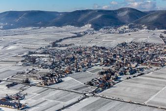 Winter aerial view in the snow in Maikammer in the state Rhineland-Palatinate, Germany