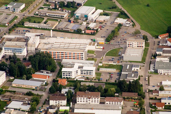 Oblique view of Ittersbach, industrial area in the district Im Stockmädle in Karlsbad in the state Baden-Wuerttemberg, Germany