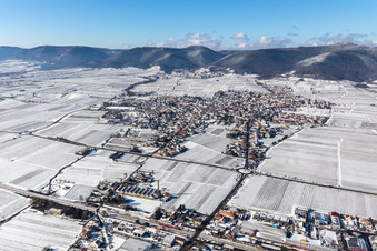 Aerial view of Winter aerial view in the snow in the district Alsterweiler in Maikammer in the state Rhineland-Palatinate, Germany