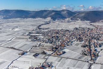 Aerial view of Winter aerial view in the snow in the district Alsterweiler in Maikammer in the state Rhineland-Palatinate, Germany
