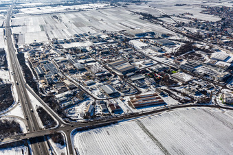 Wintry snowy industrial and commercial area Ost with dreiso GmbH Dreissigacker & Sohn in Edenkoben in the state Rhineland-Palatinate, Germany