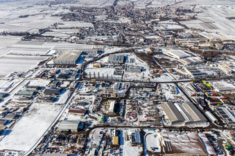 Wintry snowy industrial and commercial area Ost with dreiso GmbH Dreissigacker & Sohn and ArcelorMittal SSC Deutschland GmbH, Niederlassung Edenkoben in Edenkoben in the state Rhineland-Palatinate, Germany