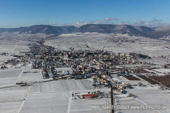 Aerial view of Winter aerial view in the snow in Edesheim in the state Rhineland-Palatinate, Germany