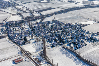 Winter aerial view in the snow in Knöringen in the state Rhineland-Palatinate, Germany