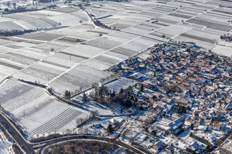 Aerial view of Winter aerial view in the snow in Walsheim in the state Rhineland-Palatinate, Germany
