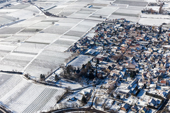 Aerial view of Winter aerial view in the snow in Walsheim in the state Rhineland-Palatinate, Germany