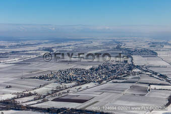 Winter aerial view in the snow in Essingen in the state Rhineland-Palatinate, Germany
