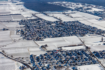 Winter aerial view in the snow in Bornheim in the state Rhineland-Palatinate, Germany