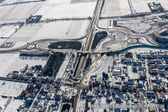Aerial view of Winter aerial view in the snow, motorway exit Landau Zentrum in the district Queichheim in Landau in der Pfalz in the state Rhineland-Palatinate, Germany